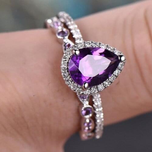 Vintage 2Pcs/Set Purple Stone Engagement Rings Women 's Drop Shape Zircon Bridal Wedding Ring Set Jewelry Gift Dropshipping
