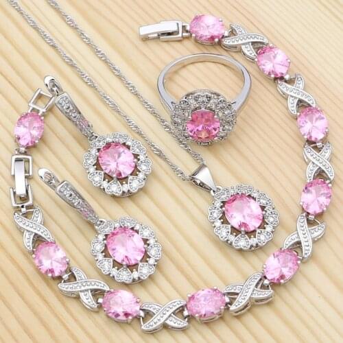 925 Silver Bridal Jewelry Kits Jewelry Sets For Women Pink Cubic Zirconia Ring Bracelet Pendant Earrings Necklace Set