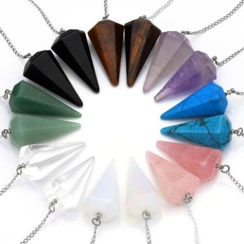 Natural Amethys t Rose Quart z Clear Crystal Opalite Multifaceted Pointed Pendulums Reiki Healing Pendants with 10"chain