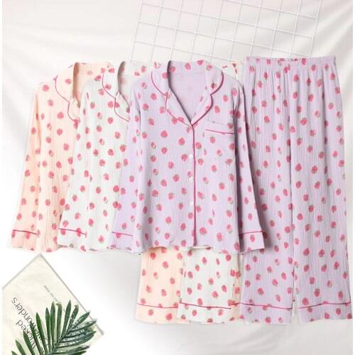 Spring and Autumn Pajamas Cotton Yarn Strawberry Cardigan Set Ladies Home Simple Lapel Home Wear Long Sleeve Loose