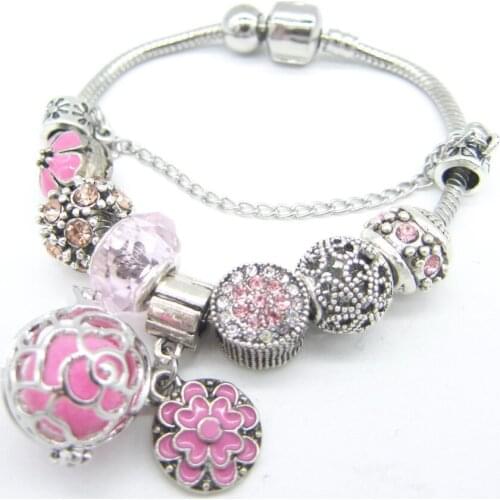 Pink Floral Large Hole Alloy Beads DIY Locket Women`s Essential Oil Aromatherapy Bracelet