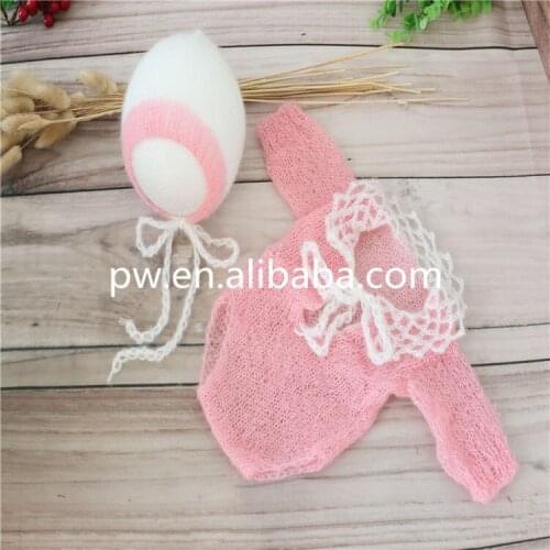 Pink Mohair Newborn Girl Romper Knitted Baby Outfits Handmade Lace Neck Overalls Newborn Hat Set Baby Photography Props