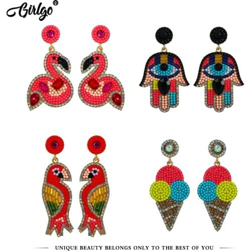 Girlgo Colorful Beads Flamingo Drop Earrings for Women Summer Beach Evil Eye Handmade Pendant Earrings Ice Cream Haning Jewelry