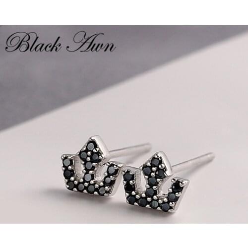 Black Awn Birthday Present Romantic 925 Sterling Silver Jewelry Engagement Crown Stud Earrings for Women Female Earring T236
