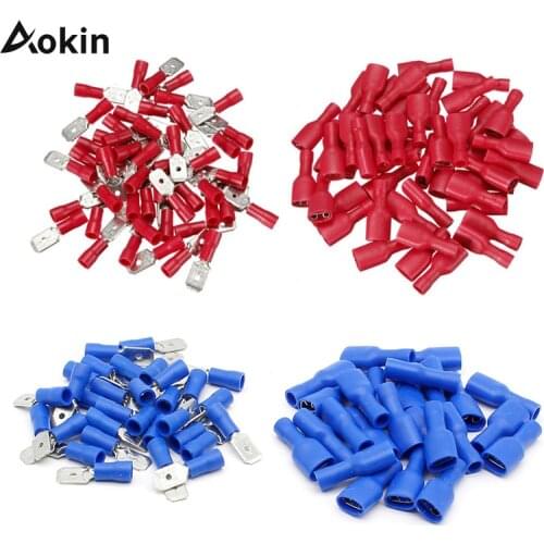 50pairs/100pcs 2.8mm 4.8mm 6.3mm Female Male Electrical Wiring Connector Insulated Crimp Terminal Spade FDFD2-250 MDD2-250