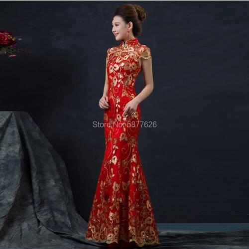 Red Chinese Wedding Dress Female Long Short Sleeve Cheongsam Gold Slim Traditional costume Women Qipao wedding party dresses