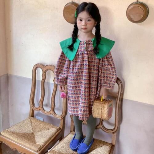Bobotcnunu Spring Autumn Dresses New Children Clothes Girls Large Lapel Plaid Long Sleeve Dress Princess Loose