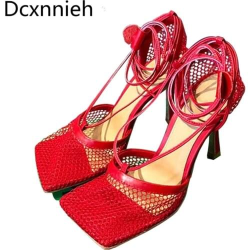 Women Shoes Thin High Heels Mesh Hollow Outs Ankle Lace Up Gladiator Women Pumps Squarer Toe Runway Party Shoes Woman Brand 2021