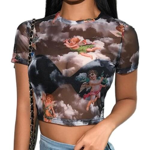 Women Short Sleeve Turtleneck Crop Top Angel Cupid Print Sexy Sheer Mesh T-Shirt