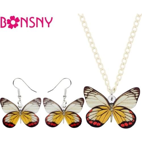 Bonsny Acrylic Jewelry Set Pieridae Butterfly Necklace Earrings Collar Fashion Pendant For Women Girl Charms Decoration NE+EA