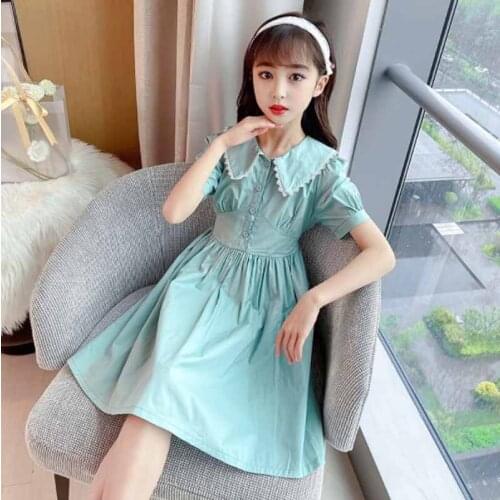 Cultiseed Girls Summer Vintage Cute Lace Turn Down Collar Slim Waist Princess Party Dress Children Kids New Holiday Casual Gowns