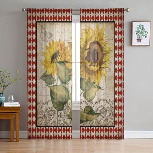 Flower Sunflower Rhombus Retro Sheer Curtains for Living Room Bedroom Kitchen Tulle for Windows Voile Drapes Home Decoration