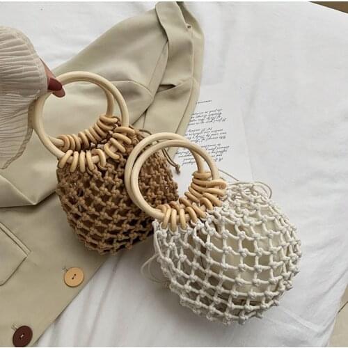 Women Solid Wood Ring Ladies Handbags Beach Bucket Pure Color Woven Style Bag