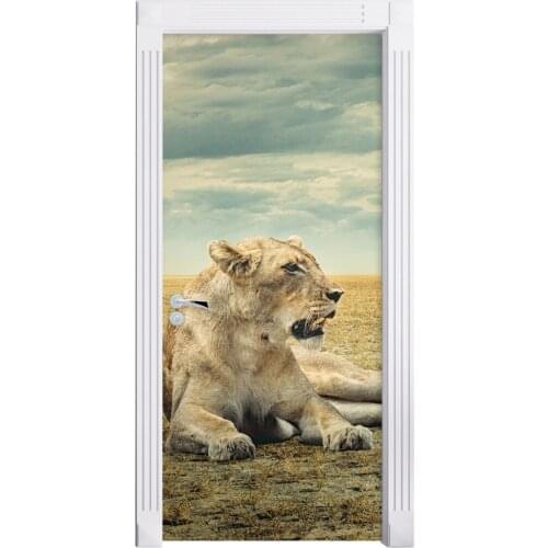 Door Sticker 3D Stereo Lion Animal Photo Mural Wallpaper Vinyl Wall Decals Kid Door Mural Bedroom Door Stickers Home Decor