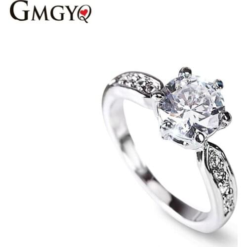 GMGYQ Klassieke Zes Klauw 7mm Zirkoon Trouwringen Voor Vrouwen Sieraden Zilveren Kleur Verlovingsringen Wholesale Lots Bulk