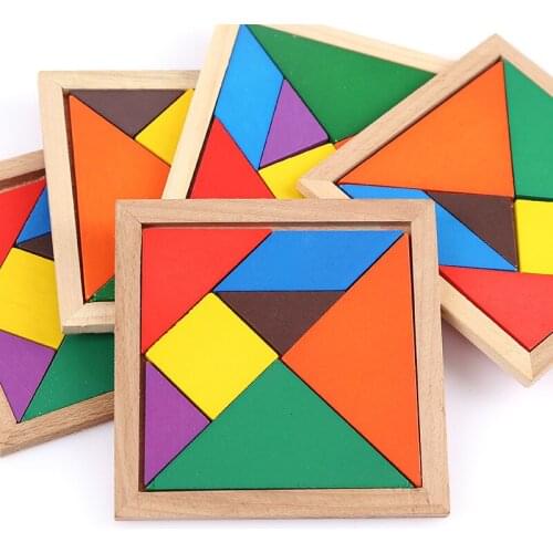 5sets/lot Wooden Tangram 7 Piece Jigsaw Puzzle Colorful Square IQ Game Brain Teaser Intelligent Educational Toys for Kids