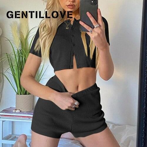 Gentillove Women Summer Sexy Casual Buttons Screw Thread Sweet Elegant Short Tops and High Waist Solid Shorts Two Pieces Set