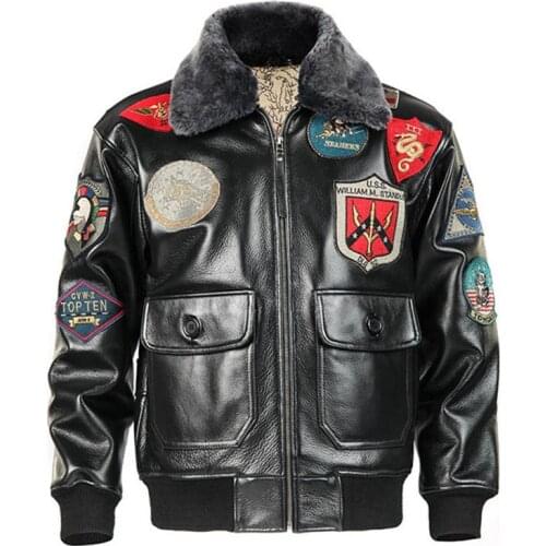 2020 Men Black Top Gun Jacket Plus Size 3XL Wool Collar Genuine Cowhide Military Leather Pilot Coat Can Customized