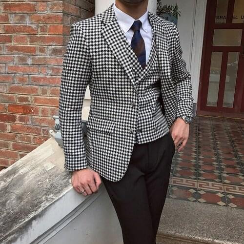 Mens Houndstooth Blazer Suits Houndstooth Jaket for Wedding Suits Formal Tweed Tuxedos Custom Made Man Suits Jacket+pants+vest