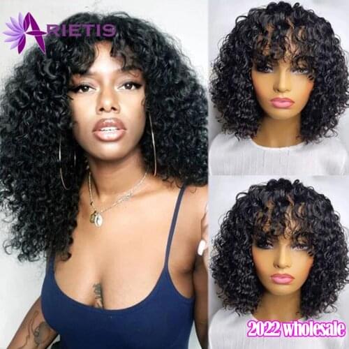 Curly Human Hair Wigs With Bangs Indian Remy 100% Human Hair Wigs For Black Women 150% Density 8-24 inches Natural Black