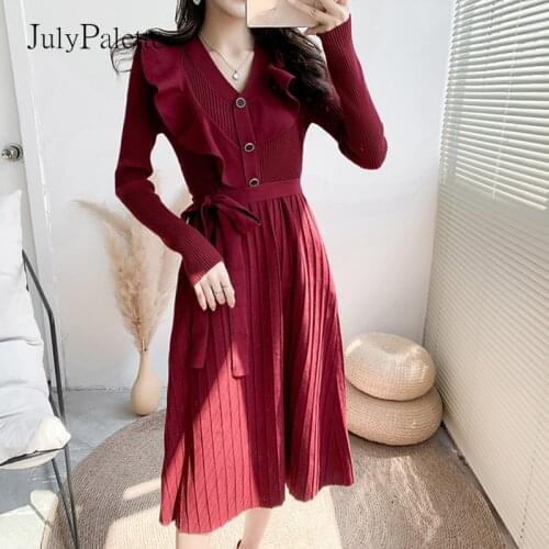 JulyPalette Casual Ruffles Women V-neck Knitted Dress Elegant Ladies Vintage Lace-up Sashes A-line Dress Autumn Sweater Vestidos