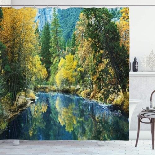 Nature Shower Curtain Autumn Landscape Scenery Forest by River Seasonal Rural Countryside Picture Bathroom Decor Set with Hooks