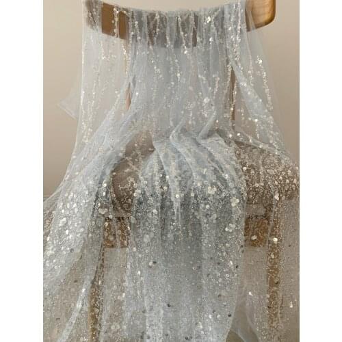 Light baby blue Heavy bead tulle lace fabric with florals for bridal dress, beading and sequined mesh fabric for wedding gown