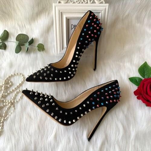 Free shipping fashion women pumps Casual Designer Black suede spikes rivets point toe high heels shoes Stiletto heeled 12cm 100
