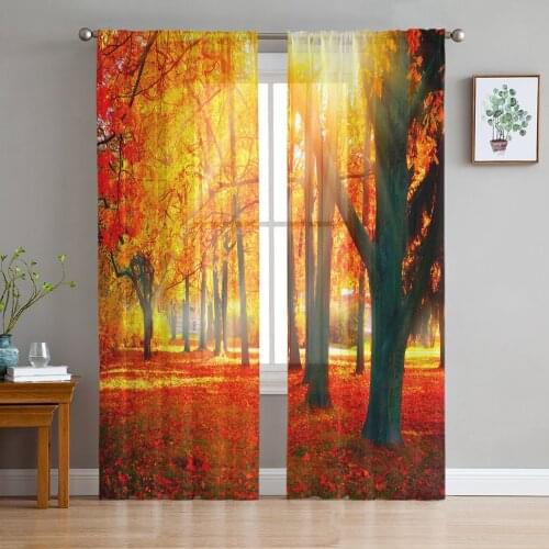 Maple Leaf Autumn Forest Landscape Tulle Curtains For Living Room Sheer Curtain Bedroom Voile Decorative Window Treatments