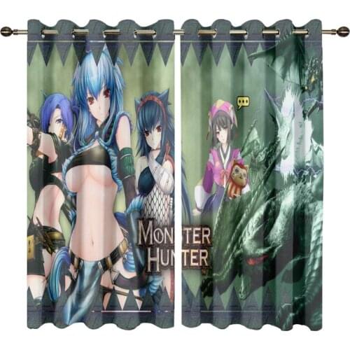 Custom Windows Curtains with Anti-rust Metal Grommets for Living Room Monster Hunter Manga Printed Drapes for Bedroom Home Decor
