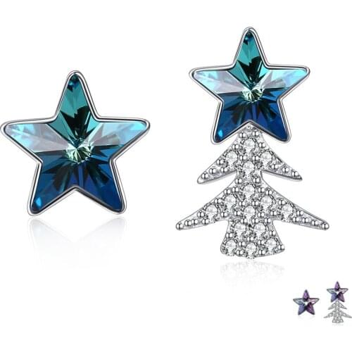 ZEMIOR 925 Sterling Silver Drop Earrings For Women Asymmetric Christmas Tree And Pentagram Blue Crystal Earrings Trend 2021
