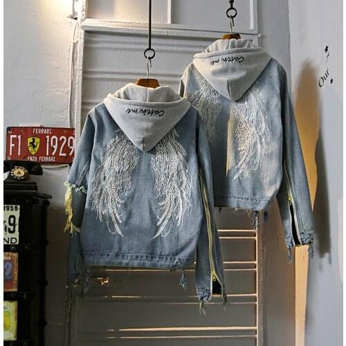 Autumn Korean Women New Back Wings Embroidered Big Hole Sleeve Large-size Hooded Denim Jacket Coat Fashion Streetwear 2019