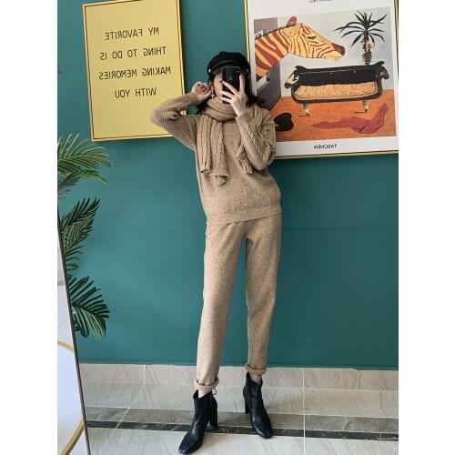 Womens Limited O-neck Cotton Suit 2020 New Fashion Temperament Knitted Sweater And Pants With Scarf Winter Leisure 2-piece Set