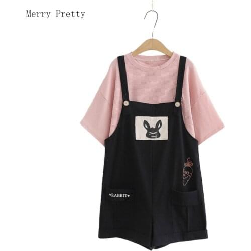 Women Sets Cartoon Embroidery Striped T Shirts And Print Strap Shorts Casual Lady Suit 2020 Summer Korea Femme Two Pieces Set