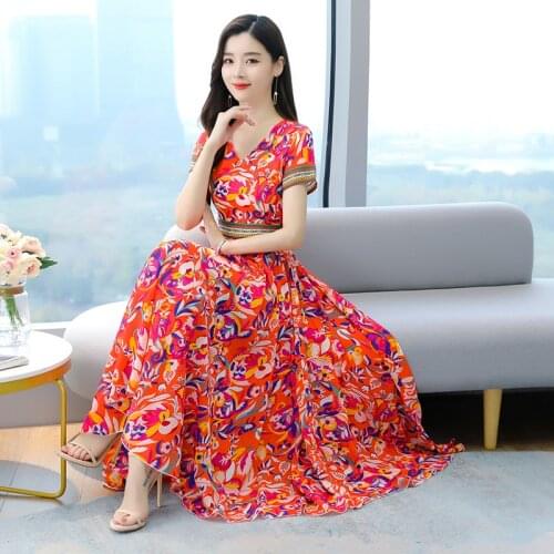 Summer Boho Beach Maxi Dress for Women Red Printed Chiffon V-neck Short Sleeve Large Size M-4XL Clothes Elegant Party Vestidos