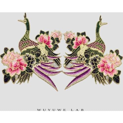 1Pairs Crane Lotus flower Applique Clothing Embroidery Patch Fabric Sticker Iron On Patch Craft Sewing Repair Embroidered