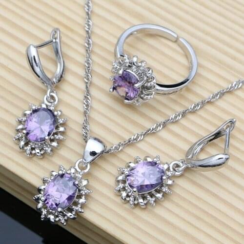 2020 925 Silver Earring Jewelry Set for Women Romantic Purple Amethyst Necklace Open Ring Party Wedding Jewellry 7 Color Stone