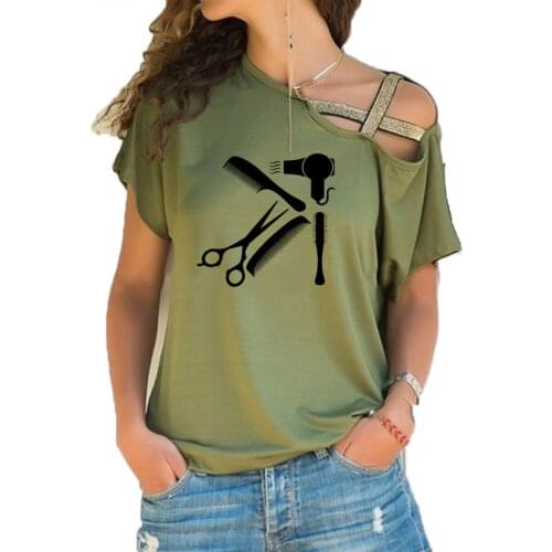2021 New Art Hair salon Tee Shirt Hairstyle Barber Shirt women Funny fashion Irregular Skew Cross Bandage style Casual tee tops