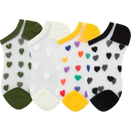 2021 Transparent Invisible Ankle Socks Heart Love Tulle Glass Silk Boat Socks Summer Ultra-thin Mesh Lace Short Socks Women Soxs