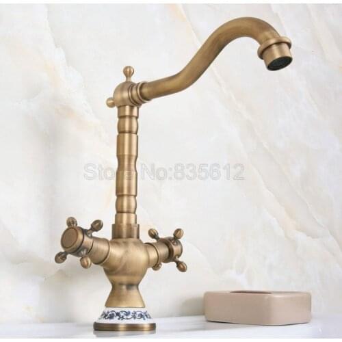 Antique Brass Dual Handle Bathroom Basin Faucet Vessel Sink Mixer Tap Swivel Spout Cold & Hot Water Faucets Wnf602