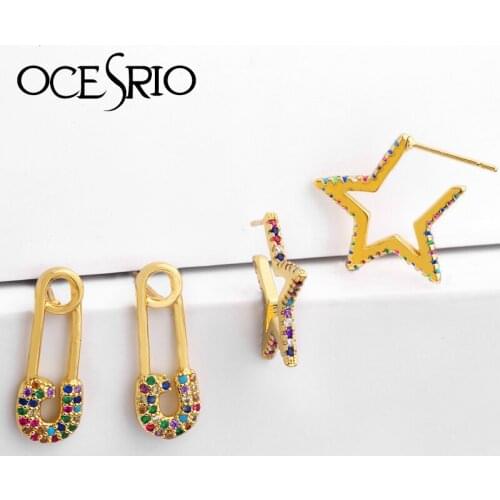 Rainbow Safety Pin Pentagram Earring Gold Filled Micro Pave Colorful Cubic Zircon Multi Piercing Earring For Women ers-q31