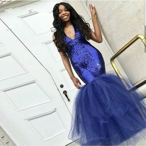 Long Elegant Prom Dress 2019 Mermaid Glitter Sequin Royal Blue African Black Girl Graduation Dress Formal Evening Gala Gowns