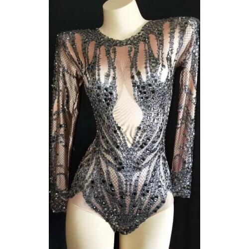 Sexy Rhinestone Bodysuit Women Stretch Nude Party Jumpsuit Nightclub Prom Singer Leotard Pole Dance Stage Performance Costumes