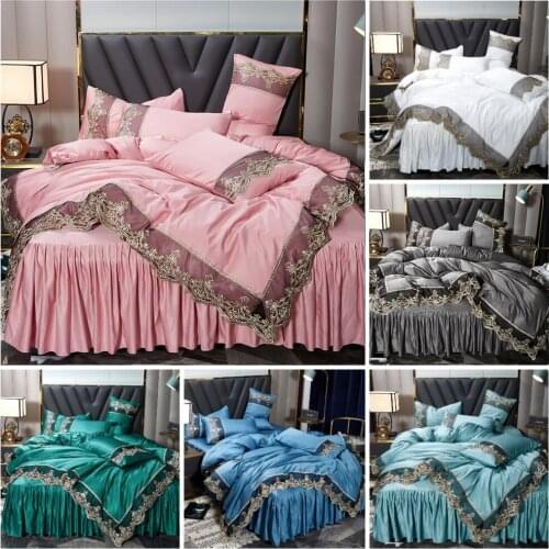 4 Pcs Luxury Lace European Style Duvet Cover Set Silk Cotton Bedding Quilt Cover Pillowcase Queen King Bed Skirt Set 6 colors