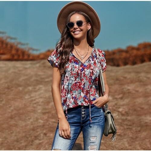 Summer Floral Short-sleeved Chiffon Shirt Ladies Loose Casual V-neck Pullover Lace-up Women T-shirt Commuter -40