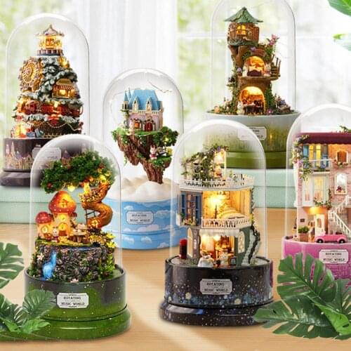 Doll Houses DIY Miniature Dollhouse Model Wooden Mini House Toy Rotate Music Box with Dust Cover Toys Birthday Gift Miniature