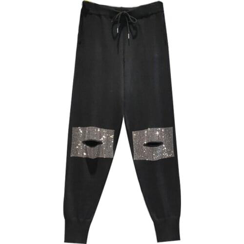 2021 New Black Casual Sports Pants Knit Pants Ladies Ripped Pants With Rhinestones Nine Points Harlan Loose Casual Pants Women