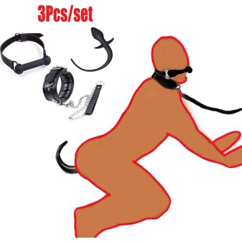 Puppy Play Dog Neck Collar With Leash,Silicone Dog Bone Bite Gag,Pup Tail Anal Plug Bdsm Pet Role Play Slave Bondage Set Sex Toy