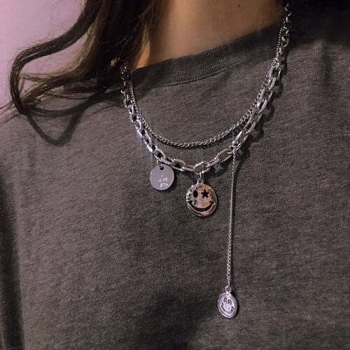 Hip Hop Smiley Necklace Double Layered Pendant Clavicle Chain Retro Style Chokers Necklace Women Korean Fashion Jewelry