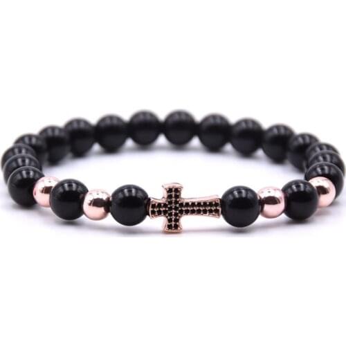Couple Jewelry brand popular 8mm Black bead Bracelets For Men&Women classic pave CZ Cross charm Bracelet Jewelry pulseras